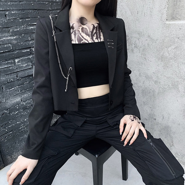 Helisopus Women Punk Gothic Black Blazer Jacket Gothic Cool Girl Streetwear Metal Chain Patchwork Short Suit Office Ladies Tops