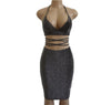 Women Sexy Sparkly Bandage Bodycon Skinny Dress Party V Neck Crop Tops Two-piece Lace Up Dress