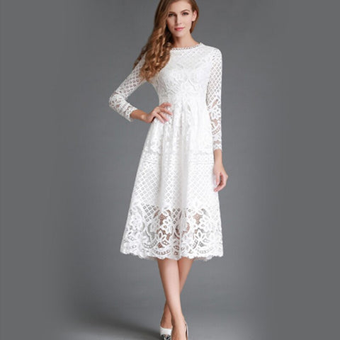 Hengsong Elegant hollow out lace dress women long sleeve autumn style midi-calf white lace dress Spring party dress vestidos