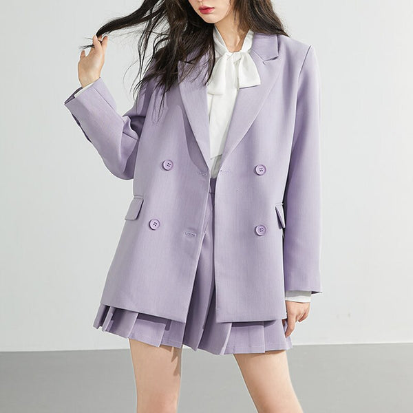 Herstory Retro Plaid Women Purple Two Piece Set Double Breasted Long Sleeve Blazer Pleated Skirts Suit