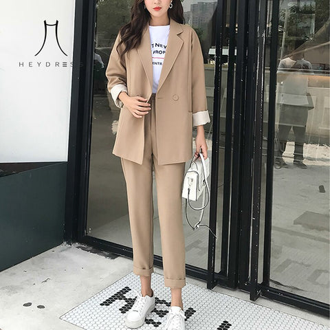 Heydress Casual Solid Women Pant Suits Notched Collar Blazer Jacket & Pencil Pant Khaki Female Suit Autumn