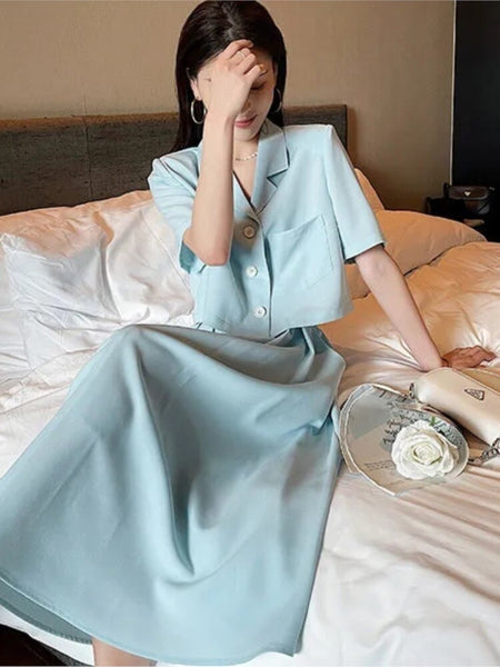 Heydress Women Pockets Top A-line Skirts Sets Female Two-pieces Short Sleeve Blazer Solid Loose Casual Chic Ladies Harajuku Sets