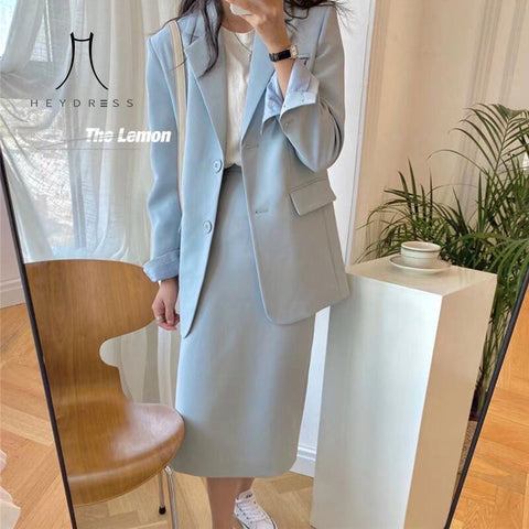 Heydress Women Suits Office Lady Skirt Suits Korean 2023 Spring Suits Single Breasted Blazer+Midi Skirts 2 Pieces Sets