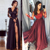 Elegant Ladies Women Sexy Long Sleeve High Waist Lace Slim Fit V Neck Party Formal Split Maxi Dress Black/Wine Red