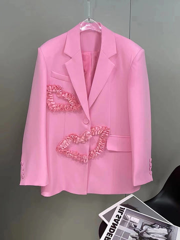 High-End Design Love Ruffles Pink Suit Jacket for Women 2023 Spring Korean Style Loose Casual Oversized Blazer Coats Tops