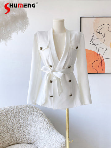 High-End  Slim Lace-up Waist White Suit Coat Ladies French Style 2023 Autumn Women's Temperament Business Blazer Jackets