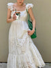 High-End White Square Collar Tank Dresses Women 2022 Summer Sleeveless Sweet Hollow Ruffled Long Dress Vacation Evening Vestido