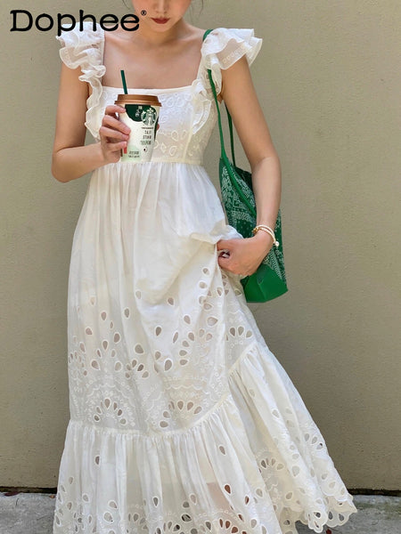 High-End White Square Collar Tank Dresses Women 2022 Summer Sleeveless Sweet Hollow Ruffled Long Dress Vacation Evening Vestido