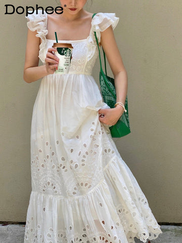 High-End White Square Collar Tank Dresses Women 2022 Summer Sleeveless Sweet Hollow Ruffled Long Dress Vacation Evening Vestido