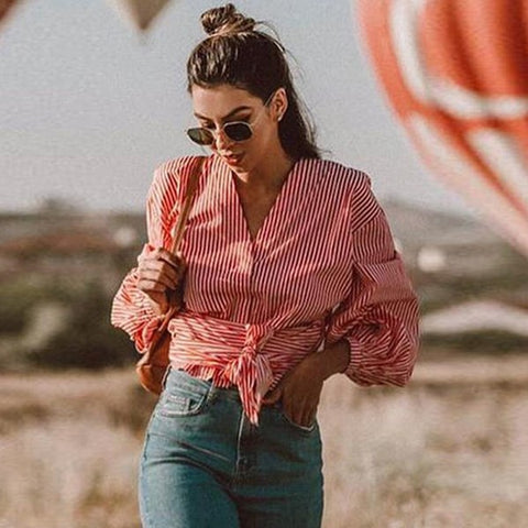 High Fashion Stripe Shirt Women Lantern Long Sleeves V Neck Ribbons Bow Tie Sash Belt Casual Red Wrap Top IG Sexy White Blouse