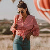 High Fashion Stripe Shirt Women Lantern Long Sleeves V Neck Ribbons Bow Tie Sash Belt Casual Red Wrap Top IG Sexy White Blouse