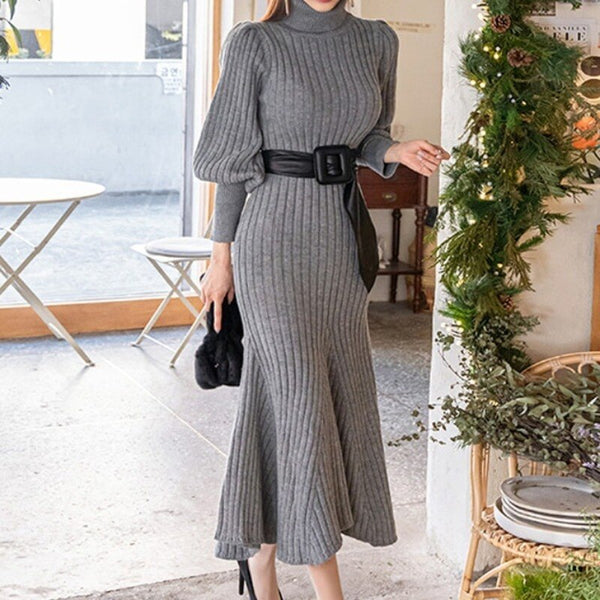 High Neck Lantern Sleeve Fish Tail Dress Women Mermaid Midi Long Dress with belt Ladies Knitted Dress for Spring Autumn Winter