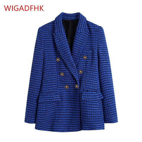 High Qualit Za Woman Casual Traf Coats Autumn Winter Thick Tweed Woolen Jacket Ornate Buttons Female Plaid Long Blazers Blue