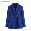 High Qualit Za Woman Casual Traf Coats Autumn Winter Thick Tweed Woolen Jacket Ornate Buttons Female Plaid Long Blazers Blue