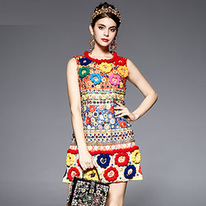 High Quality 2022 Runway Fashion Designer Dress Women's Sleeveless Fuzzy Ball Diamonds Beading Baroque Printed Embossed Dress