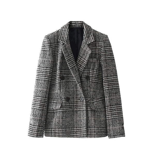 High Quality 2022 Spring Blazer Women Office Lady Checked Blazer Suit Coat Notched Collar Outerwear Plaid Double Breasted Jacket