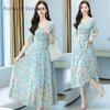 High Quality 2022 Summer Dress For Women V  Collar Floral Printed Short Sleeve Women Chiffon Long Dress