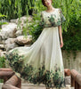 2023 Summer  Elegant Round Collar off Shoulder Flower Printed Flare Sleeve Women Chiffon Long Dress