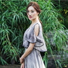 2023 Summer  Elegant Round Collar off Shoulder Flower Printed Flare Sleeve Women Chiffon Long Dress