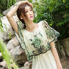 2023 Summer  Elegant Round Collar off Shoulder Flower Printed Flare Sleeve Women Chiffon Long Dress