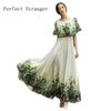 2023 Summer  Elegant Round Collar off Shoulder Flower Printed Flare Sleeve Women Chiffon Long Dress
