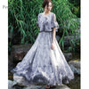 2023 Summer  Elegant Round Collar off Shoulder Flower Printed Flare Sleeve Women Chiffon Long Dress
