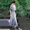 2023 Summer  Elegant Round Collar off Shoulder Flower Printed Flare Sleeve Women Chiffon Long Dress