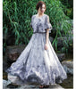 2023 Summer  Elegant Round Collar off Shoulder Flower Printed Flare Sleeve Women Chiffon Long Dress