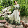 2023 Summer  Elegant Round Collar off Shoulder Flower Printed Flare Sleeve Women Chiffon Long Dress