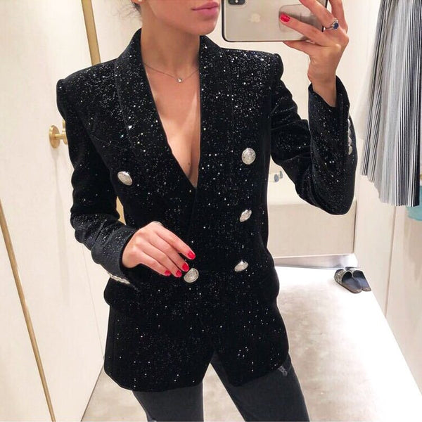2023 Early Spring Wild Velvet Slim Long-sleeved Suit  Starry Sky Shiny Black Small Suit Jacket Female