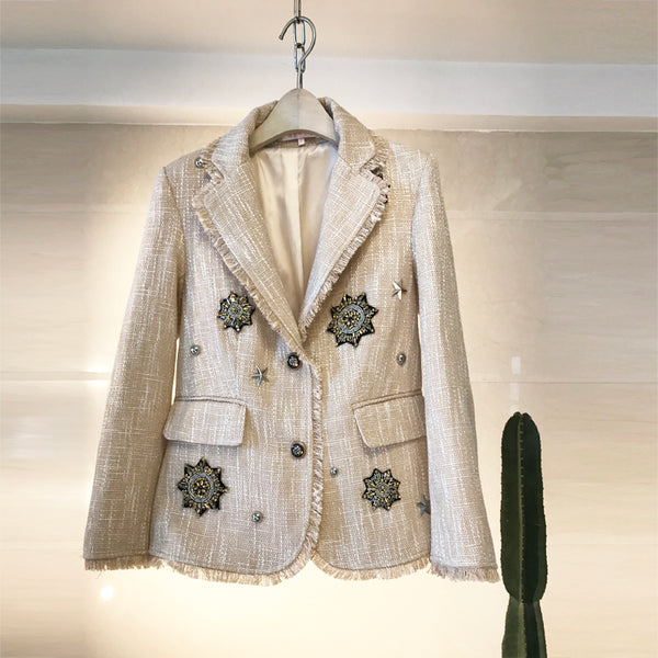 2023 Spring Women Long Sleeve  Beading Tweed Slim Jacket Blazers Suit