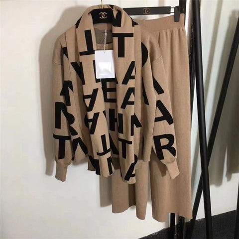 Autumn And Winter Women's Knitted Suit Letter Sweater + Wide Leg Pants + Cape Long Scarf 3-piece Set