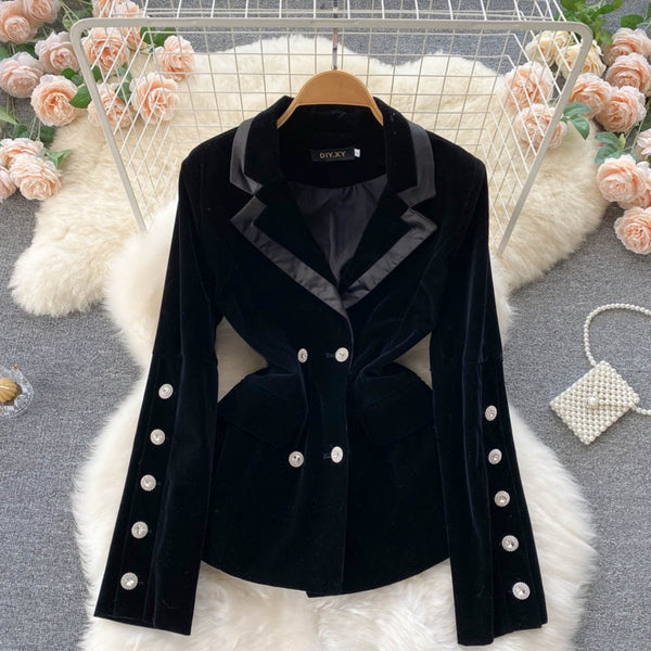 Blazer Coat Women Velvet Suit Jacket Winter Double Breasted Long Sleeve Black Blazer Ladies Slim Blazer Outwear