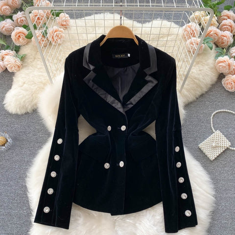 Blazer Coat Women Velvet Suit Jacket Winter Double Breasted Long Sleeve Black Blazer Ladies Slim Blazer Outwear