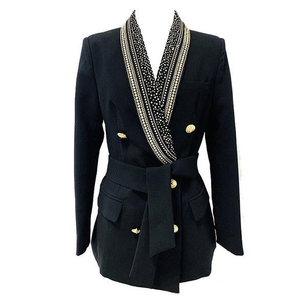 Blazer Women Black Bead 2023 Designer Metal Decoration with Belt Shawl Collar Midi Jacket Suit Long Blazers