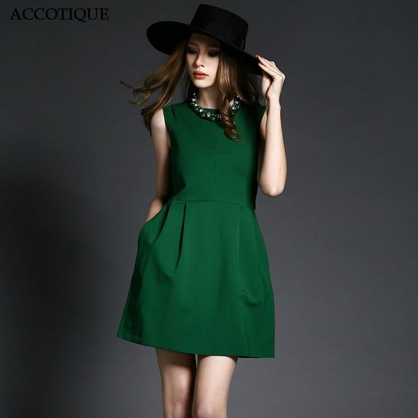 High Quality Brief New Female Green Sleeveless Slim Dress Women's Elegant Vintage Cotton Casual Short Dresses With Necklace