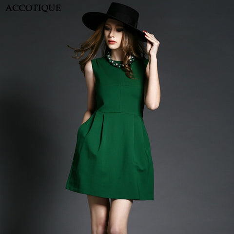 High Quality Brief New Female Green Sleeveless Slim Dress Women's Elegant Vintage Cotton Casual Short Dresses With Necklace