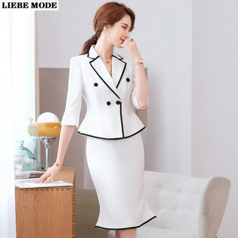 Business Formal Suit Women Long Sleeve Double Breasted Blazer and Knee Length Mermaid Skirt Office Lady Skirt Suits