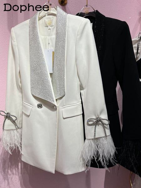 Commuter Slimming Feather Decoration Rhinestone Suit Jacket Women Fall 2023 Winter White Blazer Coat Outerwear