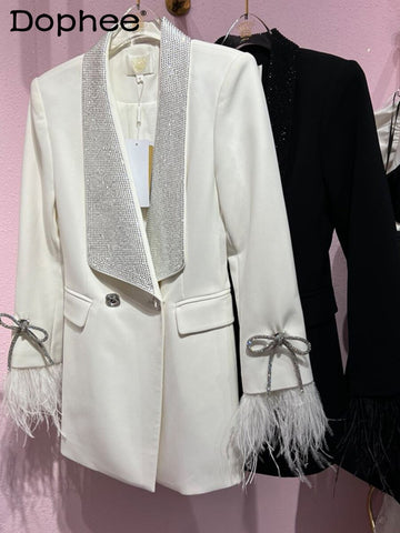 Commuter Slimming Feather Decoration Rhinestone Suit Jacket Women Fall 2023 Winter White Blazer Coat Outerwear