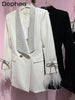 Commuter Slimming Feather Decoration Rhinestone Suit Jacket Women Fall 2023 Winter White Blazer Coat Outerwear
