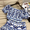Cotton Bohemian Baroque Style Off Shoulder Blue Ceramic Print Skirt Set