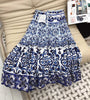 Cotton Bohemian Baroque Style Off Shoulder Blue Ceramic Print Skirt Set