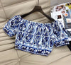 Cotton Bohemian Baroque Style Off Shoulder Blue Ceramic Print Skirt Set