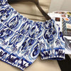 Cotton Bohemian Baroque Style Off Shoulder Blue Ceramic Print Skirt Set