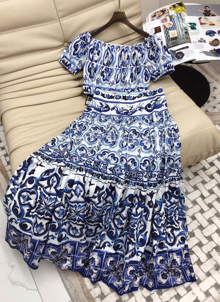 Cotton Bohemian Baroque Style Off Shoulder Blue Ceramic Print Skirt Set