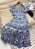 Cotton Bohemian Baroque Style Off Shoulder Blue Ceramic Print Skirt Set