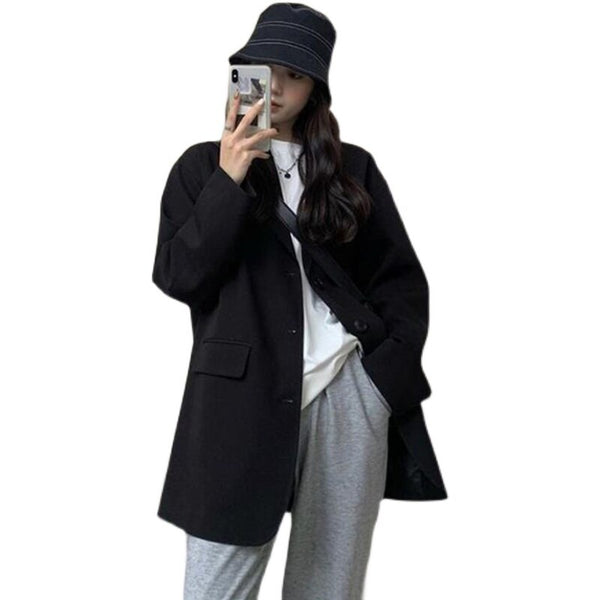 Autumn Spring Notched Double Breasted Jacket Korean Loose Casual Black Women Blazers Jackets Work Wear Coat