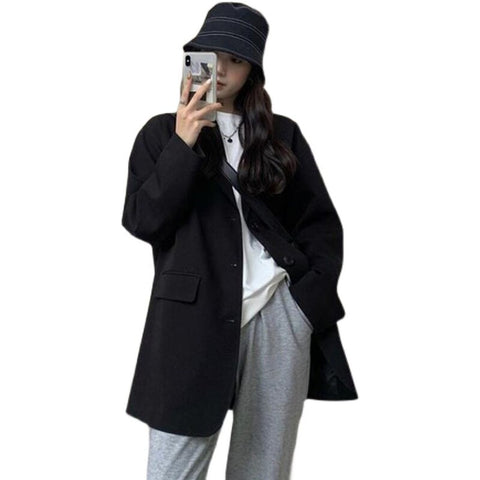 Autumn Spring Notched Double Breasted Jacket Korean Loose Casual Black Women Blazers Jackets Work Wear Coat