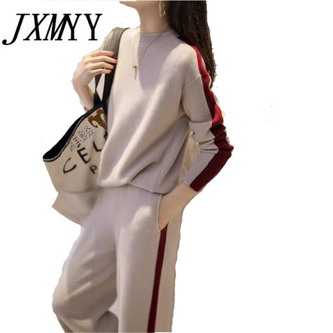 Round Neck Cashmere Pullover Sweater Two Piec Set Woman Sport Suit 2023 Winter Jumper Loose Wide-Leg Pants